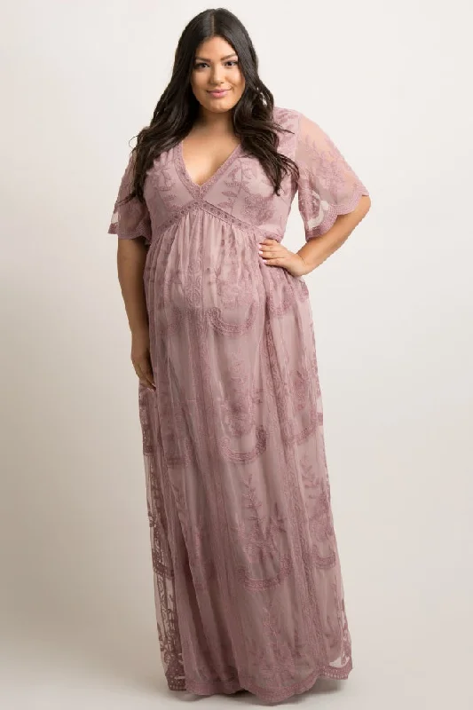 Stylish women's robe sets for sleep-PinkBlush Mauve Lace Mesh Overlay Plus Maternity Maxi Dress Stylish women's robe sets for sleep-PinkBlush Mauve Lace Mesh Overlay Plus Maternity Maxi Dress