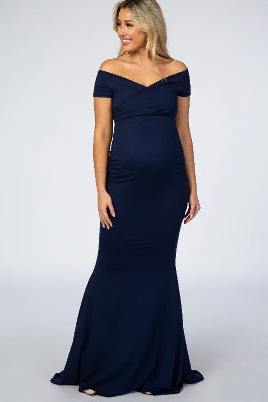 Women's robe sets for morning relaxation-PinkBlush Navy Off Shoulder Wrap Maternity Photoshoot Gown/Dress Women's robe sets for morning relaxation-PinkBlush Navy Off Shoulder Wrap Maternity Photoshoot Gown/Dress