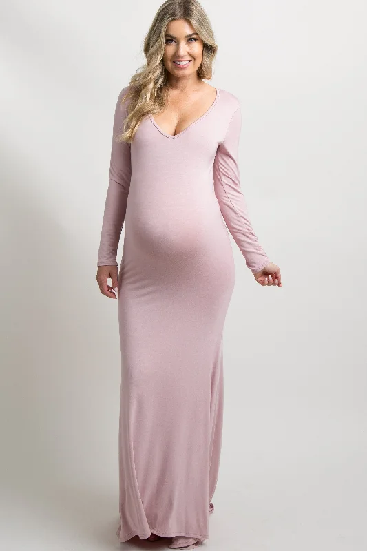 Cozy women's robe sets for fall-PinkBlush Pink Long Sleeve Photoshoot Maternity Gown/Dress