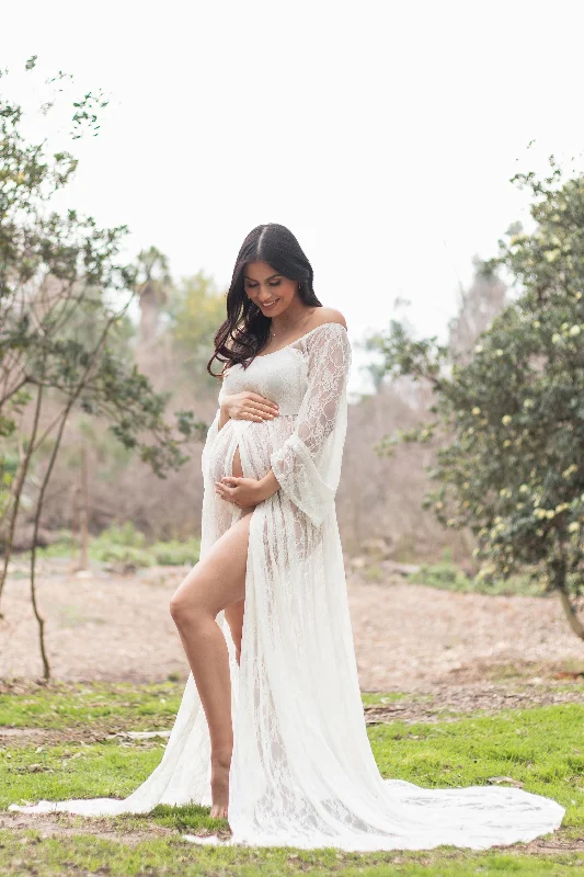 Classic women's robe sets-PinkBlush White Lace Off Shoulder Maternity Photoshoot Gown/Dress