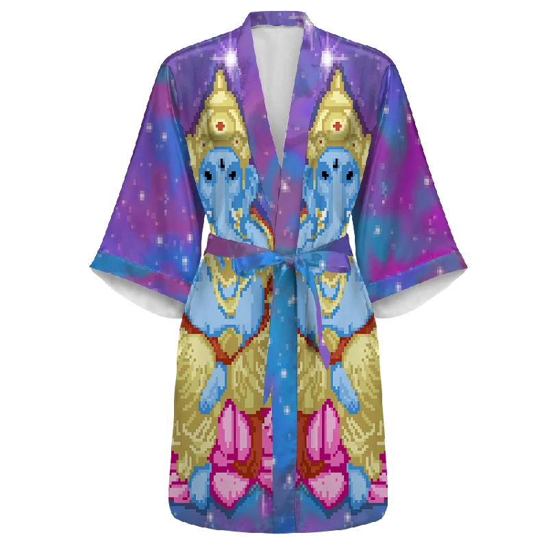 Soft women's robe sets with chic design-Pixel Ganesha All Over Print Women's Satin Kimono Robe Soft women's robe sets with chic design-Pixel Ganesha All Over Print Women's Satin Kimono Robe