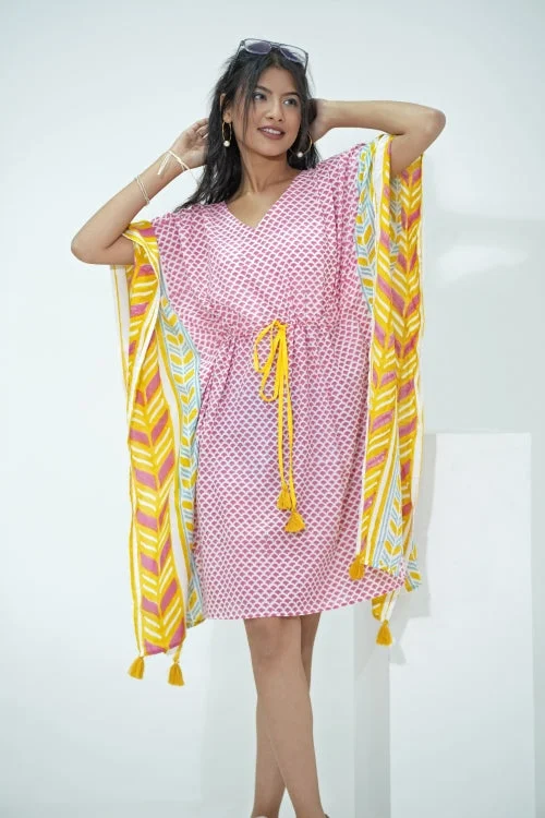 Soft cotton robe sets for women-Rainbow Drops Hand Block Printed Kaftan