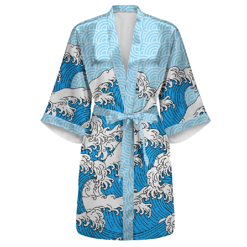 Women's robe sets for relaxation-Retro Waves All Over Print Women's Satin Kimono Robe Women's robe sets for relaxation-Retro Waves All Over Print Women's Satin Kimono Robe