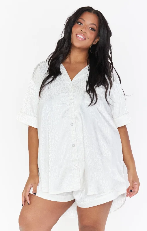 Comfortable women's robe sets with warm material-Slumber PJ Set ~ White Cheetah Silky