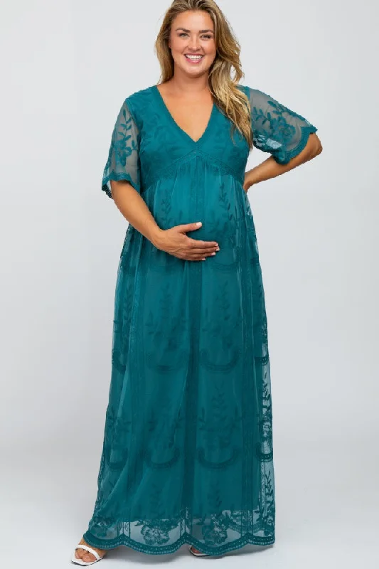 Classic robe sets for women with belt-Teal Lace Mesh Overlay Maternity Plus Maxi Dress