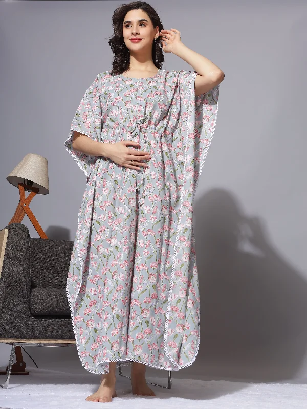 Soft fleece robe sets for women-Printed Maternity Kaftan Night Dress With Concealed Nursing Access - Grey Soft fleece robe sets for women-Printed Maternity Kaftan Night Dress With Concealed Nursing Access - Grey
