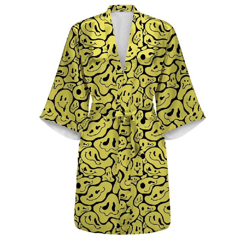 Women's robe sets with belt-Trippy Smiley Faces All Over Print Women's Satin Kimono Robe Women's robe sets with belt-Trippy Smiley Faces All Over Print Women's Satin Kimono Robe