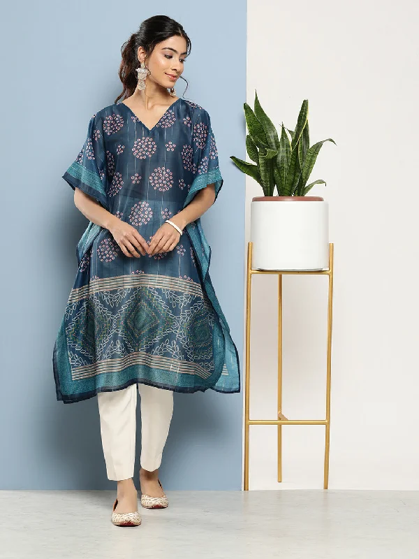 Women's robe sets with plush fabric-Women's Blue Bandhani Kaftan Kurta - Yufta