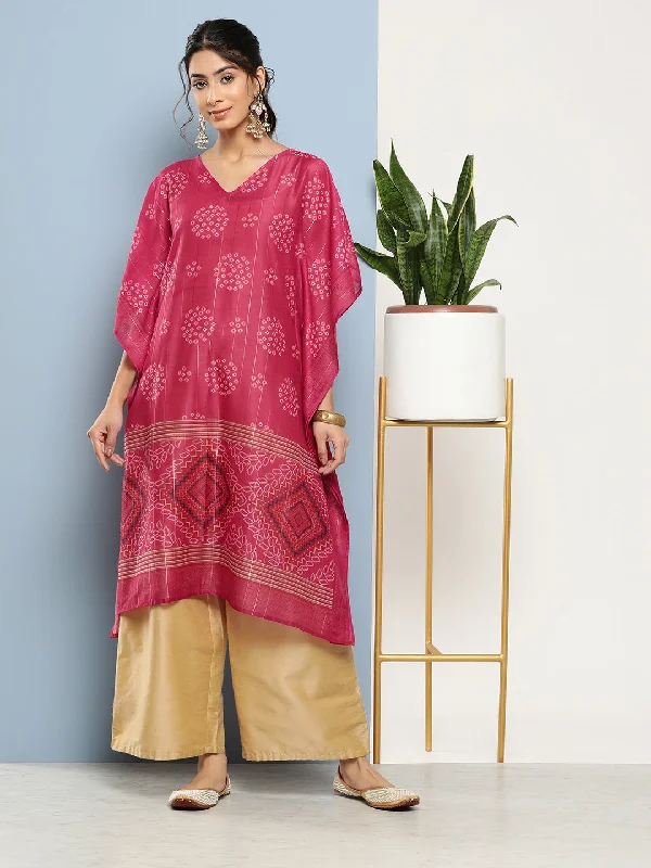 Women's robe sets for after bath time-Women's Pink Bandhani Kaftan Kurta - Yufta