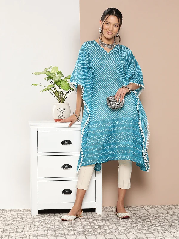 Women's robe sets with flattering fit-Women's Blue Leheriya Kaftan Kurta - Yufta