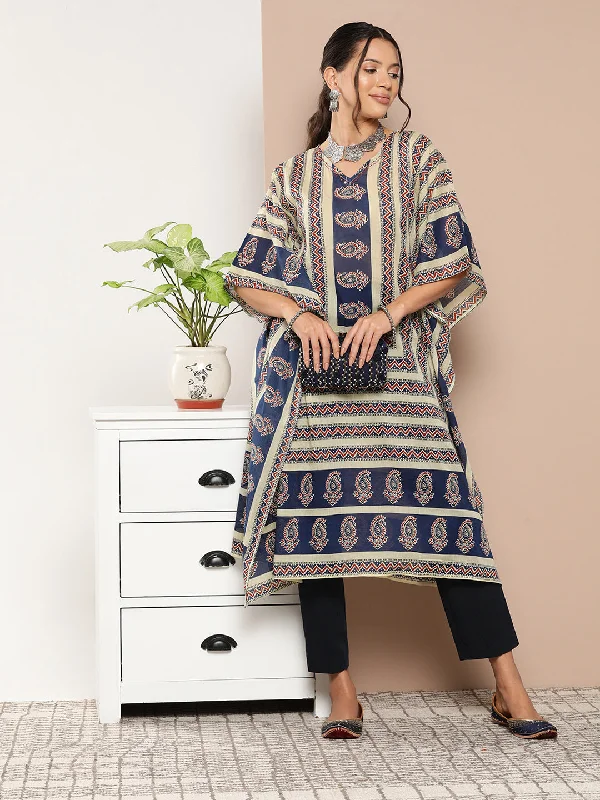 Comfortable robe sets for women with smooth fabric-Women's Blue Paisley Kaftan Kurta - Yufta Comfortable robe sets for women with smooth fabric-Women's Blue Paisley Kaftan Kurta - Yufta