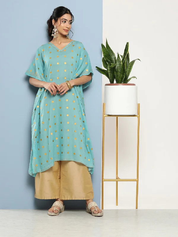 Soft women's robe sets for bedtime-Women's Blue Paisley Kaftan Kurta - Yufta