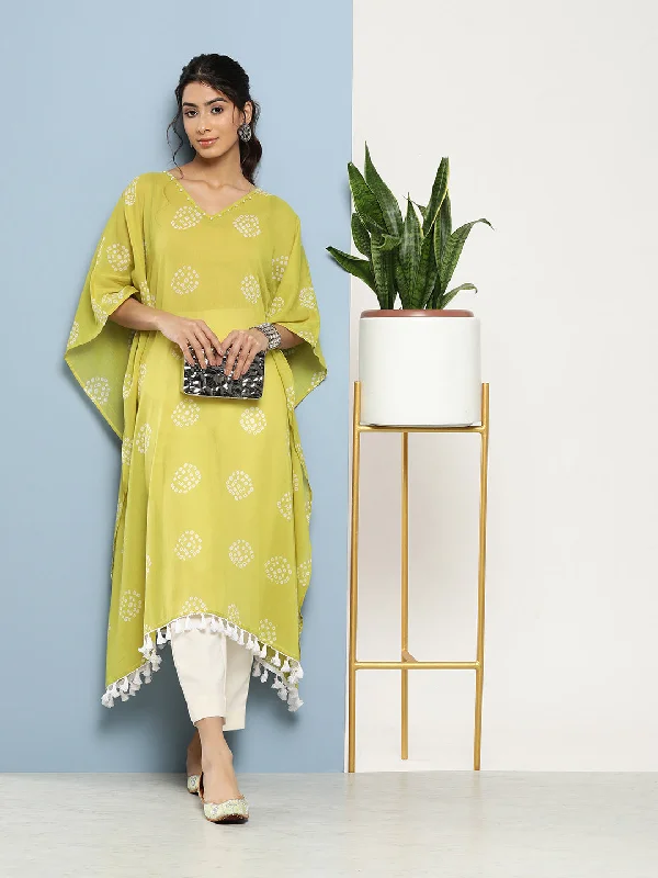 Soft cotton robe sets for cozy nights-Women's Green Bandhani Kaftan Kurta - Yufta