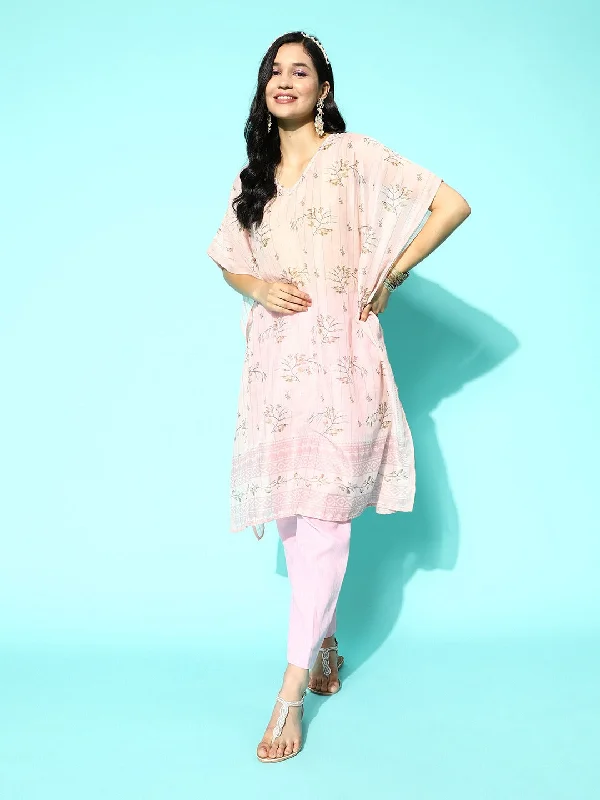 Comfortable robe sets for all seasons-Women's Pink Floral Kaftan Kurta - Yufta