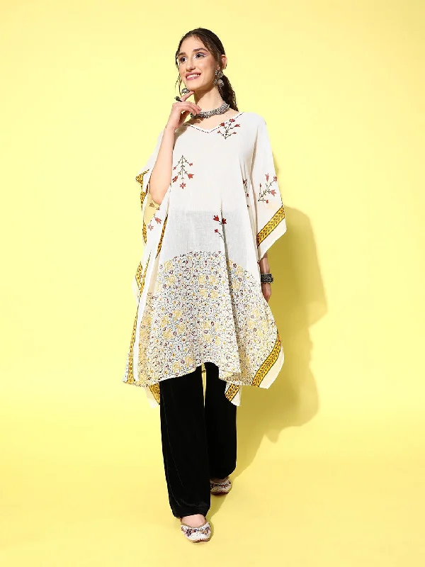 Soft fleece robe sets with plush texture-Women's White Floral Kaftan Kurta - Yufta
