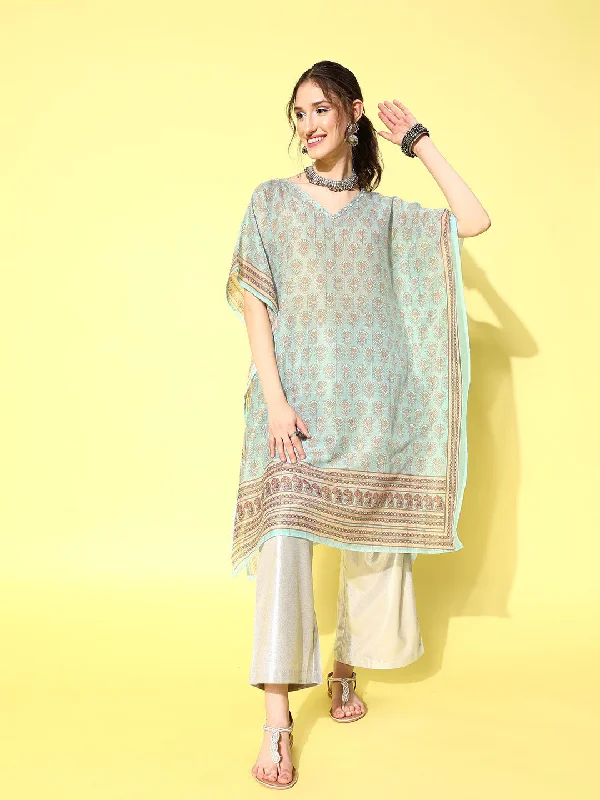 Women's robe sets with tailored fit-Women's Sky Blue Ethnic Motifs Kaftan Kurta - Yufta