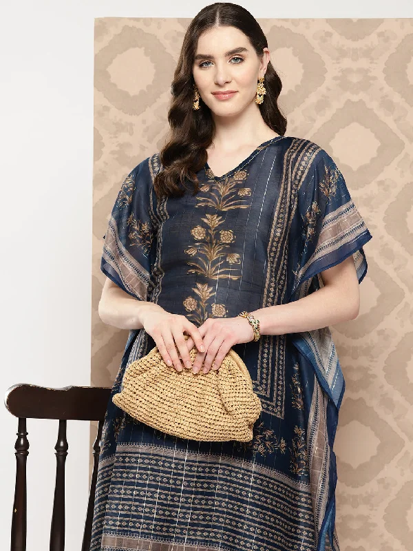 Trendy women's robe sets-Women's Blue Cutdana_Work Floral Print Kaftan Kurta - Yufta Trendy women's robe sets-Women's Blue Cutdana_Work Floral Print Kaftan Kurta - Yufta