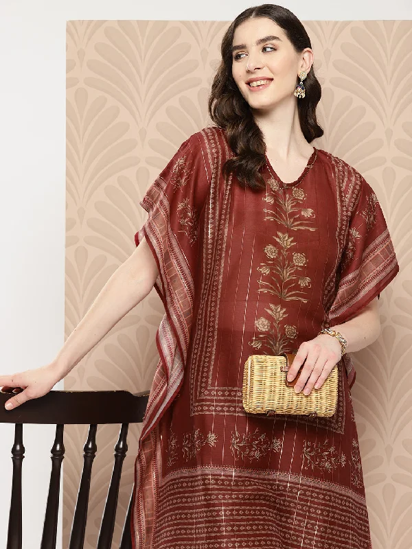 Women's robe sets with belt-Women's Maroon Cutdana_Work Floral Print Kaftan Kurta - Yufta