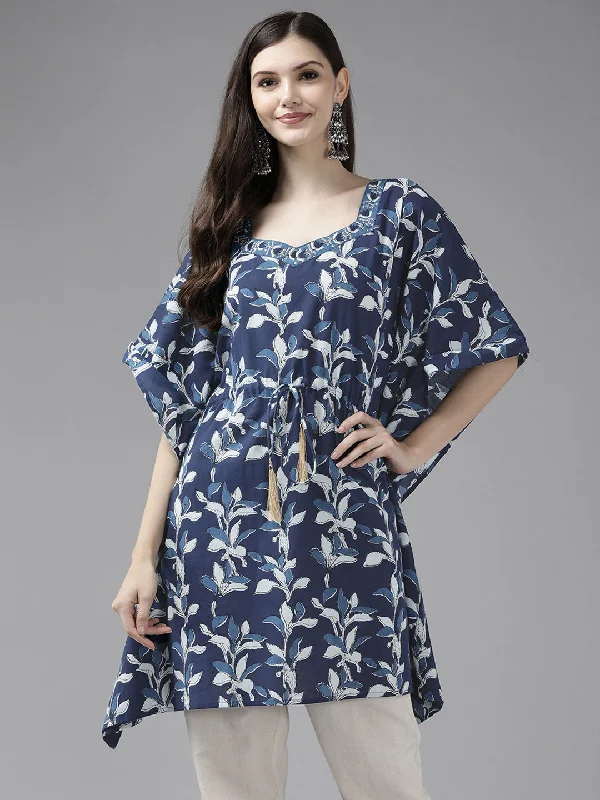 Women's robe sets for chic sleepwear-Women's Navy Blue Floral Print Kaftan Kurta - Yufta Women's robe sets for chic sleepwear-Women's Navy Blue Floral Print Kaftan Kurta - Yufta