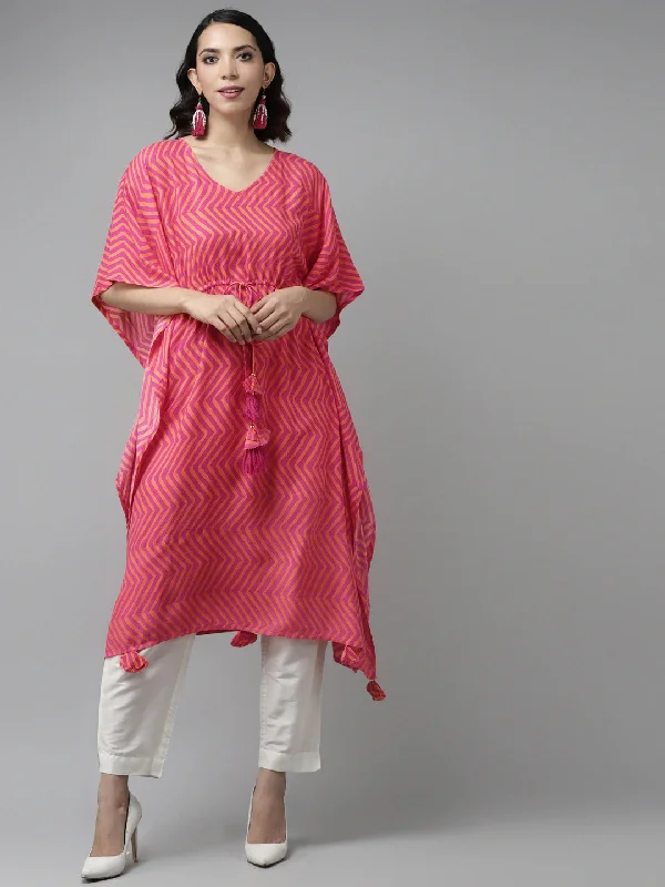 Comfortable robe sets for women with belt and sleeves-Women's Pink & Orange Printed Kaftan Kurta - Yufta Comfortable robe sets for women with belt and sleeves-Women's Pink & Orange Printed Kaftan Kurta - Yufta