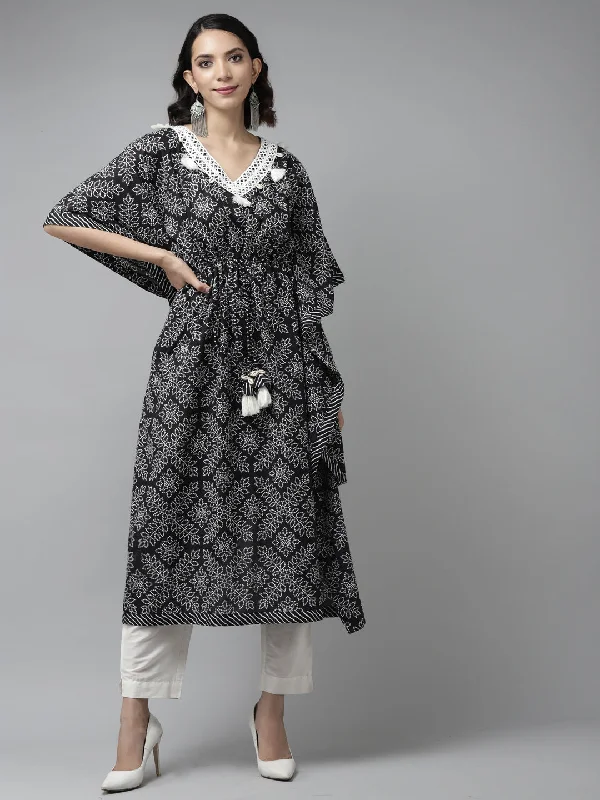 Women's robe sets for all-night wear-Women's Black & White Printed Kaftan Kurta - Yufta Women's robe sets for all-night wear-Women's Black & White Printed Kaftan Kurta - Yufta
