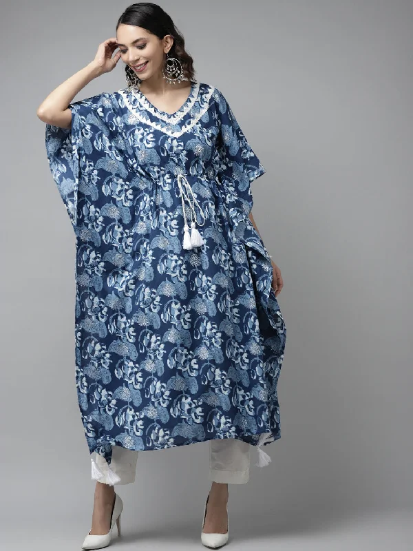 Women's robe sets with sophisticated design-Women's Indigo Printed Kaftan Kurta - Yufta Women's robe sets with sophisticated design-Women's Indigo Printed Kaftan Kurta - Yufta