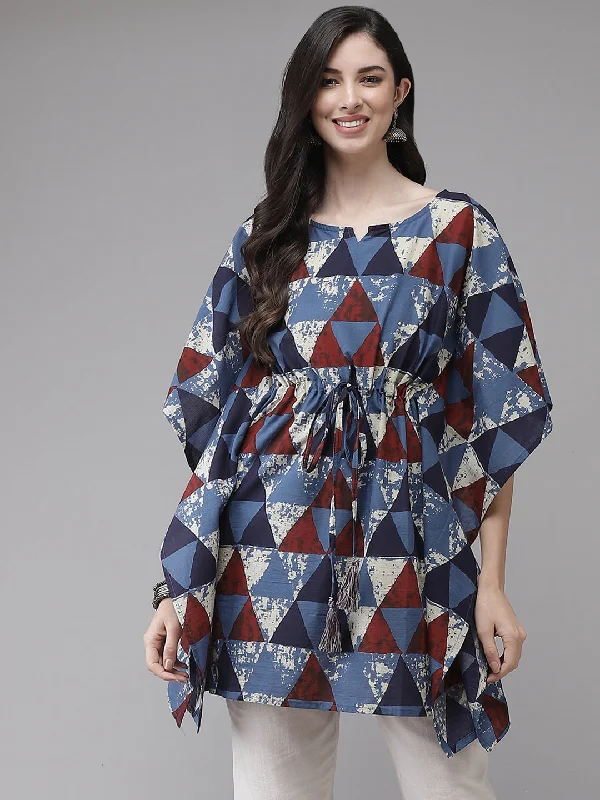 Women's robe sets for morning relaxation-Women's Blue & Red Geometric Printed Flared Sleeves Kaftan Kurti - Yufta Women's robe sets for morning relaxation-Women's Blue & Red Geometric Printed Flared Sleeves Kaftan Kurti - Yufta