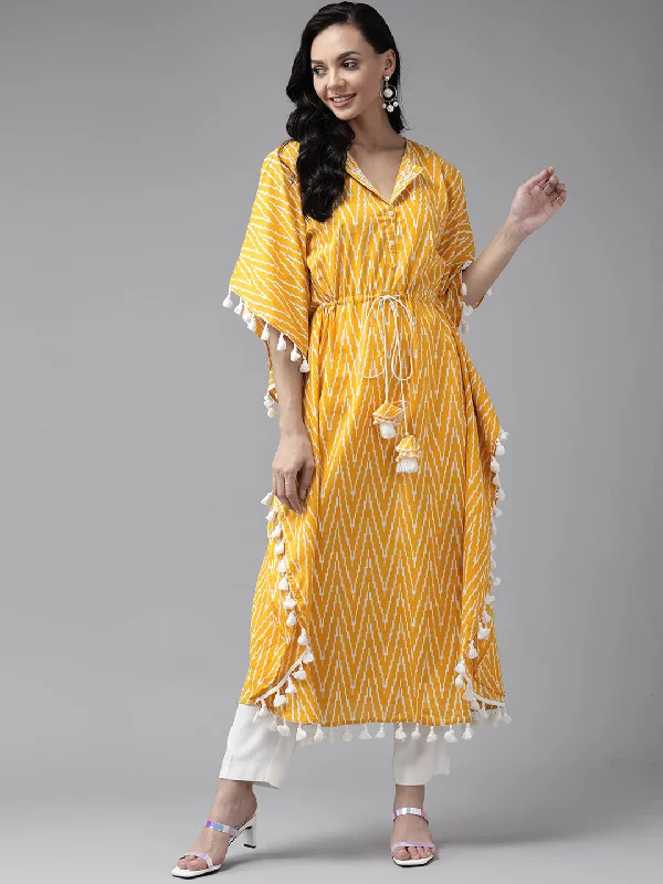 Women's robe sets for every season-Women's Yellow & Off White Printed Kaftan Kurta - Yufta
