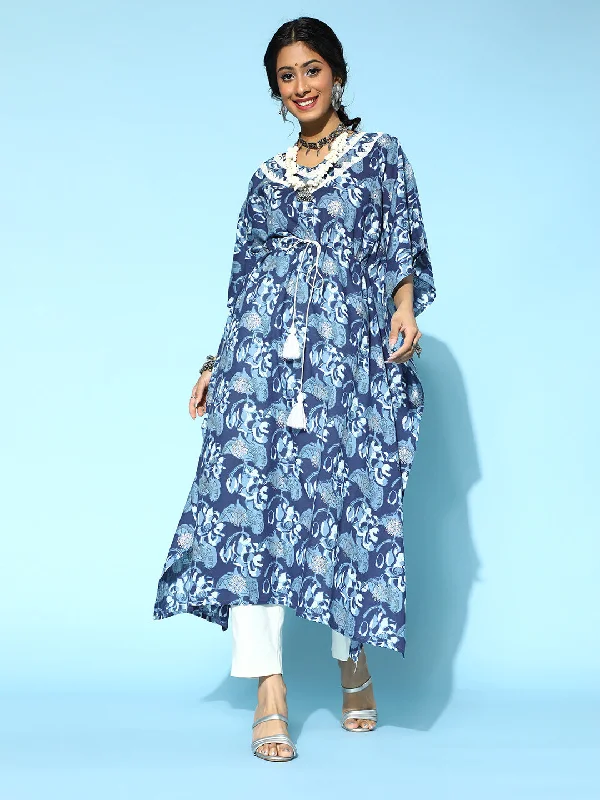 Women's robe sets for cozy sleep nights-Women's Blue Cotton Kaftan Kurta - Yufta