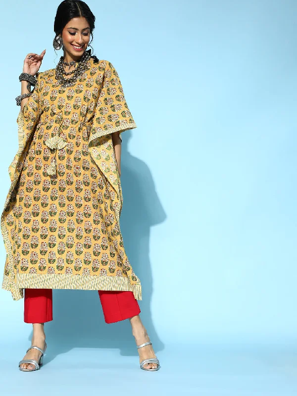 Women's robe sets for indoor comfort-Women's Mustard Cotton Kaftan Kurta - Yufta