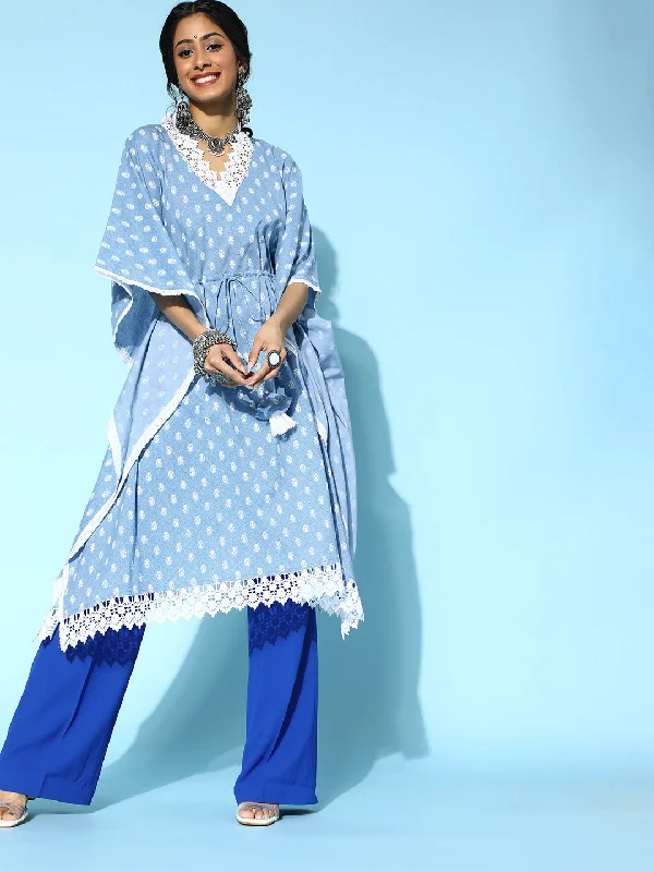Women's robe sets with matching camisole-Women's Stunning Blue Cotton Kaftan Kurta - Yufta Women's robe sets with matching camisole-Women's Stunning Blue Cotton Kaftan Kurta - Yufta