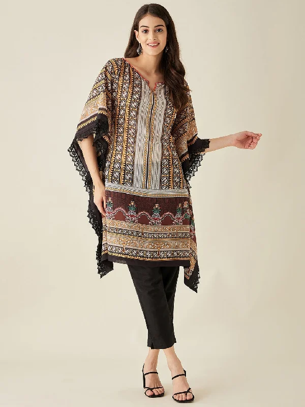 Cozy robe sets with warm fabric-Black Geometric Floral Printed Kaftan Kurta - The Kaftan Company Cozy robe sets with warm fabric-Black Geometric Floral Printed Kaftan Kurta - The Kaftan Company