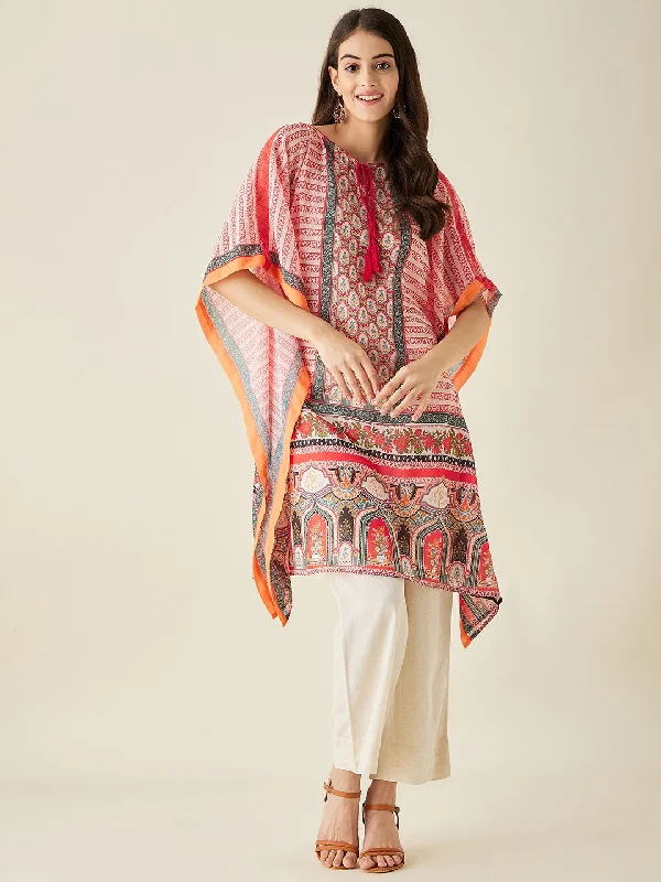 Women's robe sets with silk fabric-Coral Ethnic Motif Printed Kaftan Kurta - The Kaftan Company Women's robe sets with silk fabric-Coral Ethnic Motif Printed Kaftan Kurta - The Kaftan Company