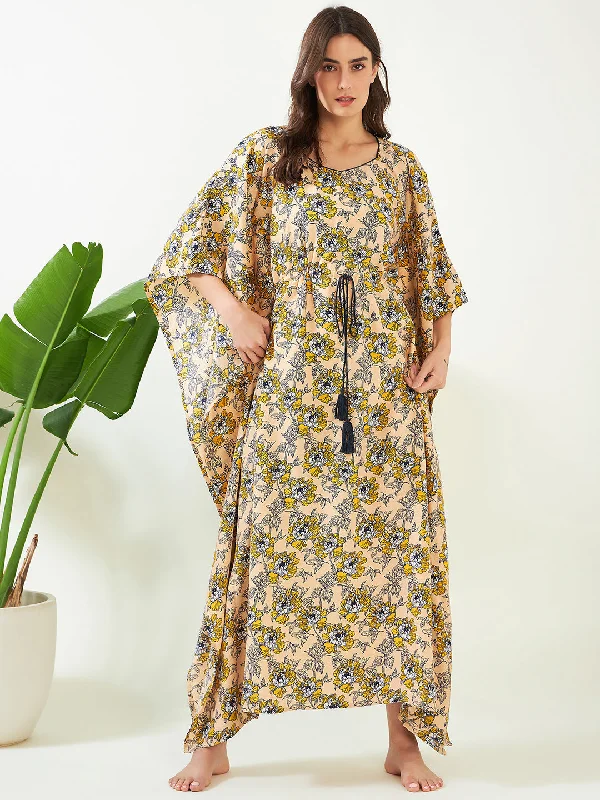 Women's robe sets for lounging around-Women's Golden Garden Breeze Crepe Kaftan - The Kaftan Company Women's robe sets for lounging around-Women's Golden Garden Breeze Crepe Kaftan - The Kaftan Company