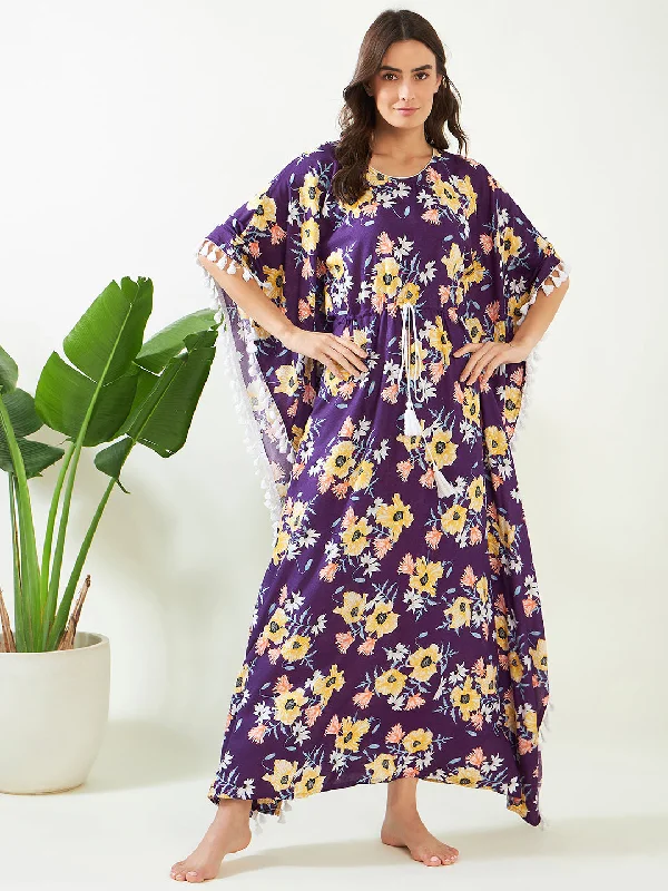 Cozy robe sets with fleece fabric-Women's Purple Garden Breeze Kaftan - The Kaftan Company