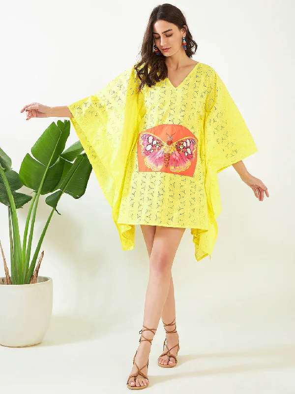Warm women's robe sets with soft fabric-Women's Yellow Schiffli Fluttery Coverup - The Kaftan Company Warm women's robe sets with soft fabric-Women's Yellow Schiffli Fluttery Coverup - The Kaftan Company