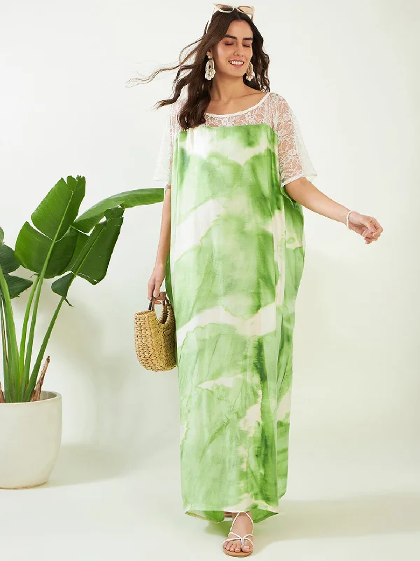 Comfortable women's robe sets-Women's Green Tie Dye Freesize Kaftan  - The Kaftan Company