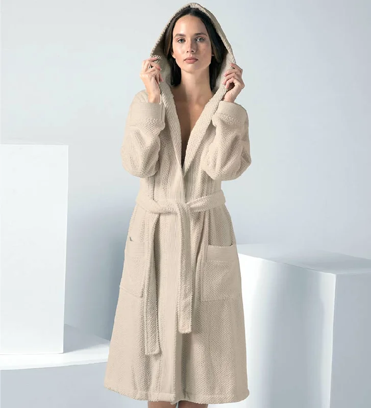 Women's robe sets with adjustable fit-Women's Beige Hooded Terry Cloth Robe - Clearance