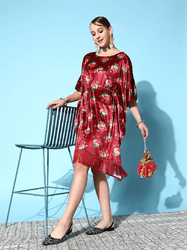 Comfortable robe sets for lounging-Women's Maroon Floral Velvet High Low Kaftan Dress - Lyush Comfortable robe sets for lounging-Women's Maroon Floral Velvet High Low Kaftan Dress - Lyush