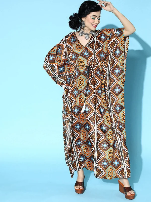 Women's robe sets for spa retreat-Women's Mustard Geometric Print Kaftan Dress - Lyush Women's robe sets for spa retreat-Women's Mustard Geometric Print Kaftan Dress - Lyush