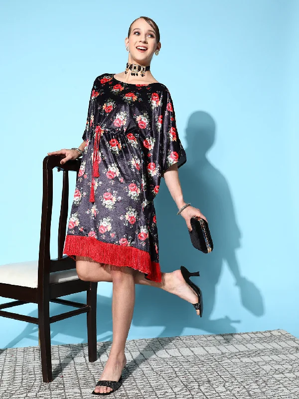 Cozy robe sets with fleece fabric-Women's Navy Floral Velvet High Low Kaftan Dress - Lyush Cozy robe sets with fleece fabric-Women's Navy Floral Velvet High Low Kaftan Dress - Lyush