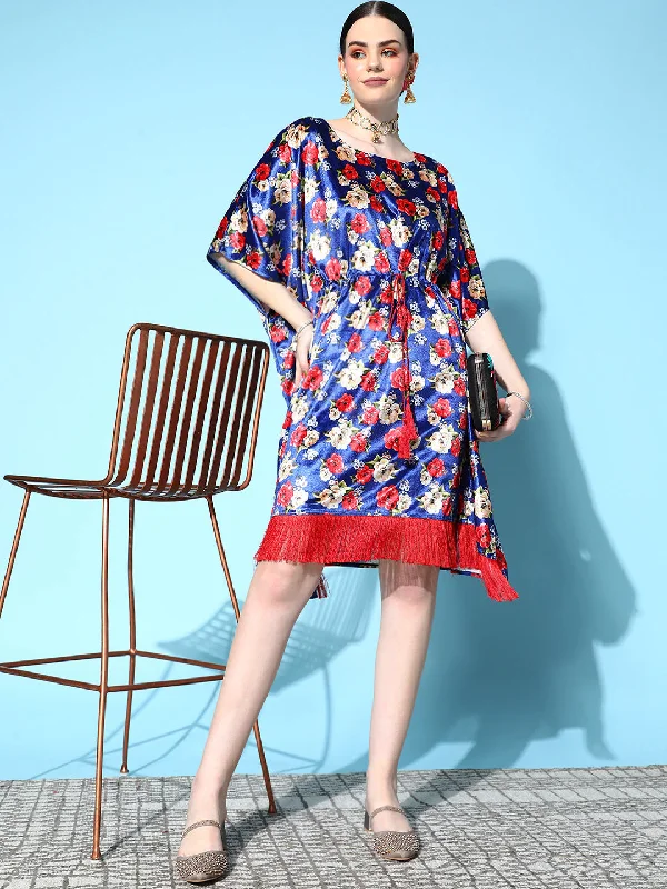 Comfortable women's robe sets with soft inner fabric-Women's Royal Blue Floral Velvet High Low Kaftan Dress - Lyush Comfortable women's robe sets with soft inner fabric-Women's Royal Blue Floral Velvet High Low Kaftan Dress - Lyush