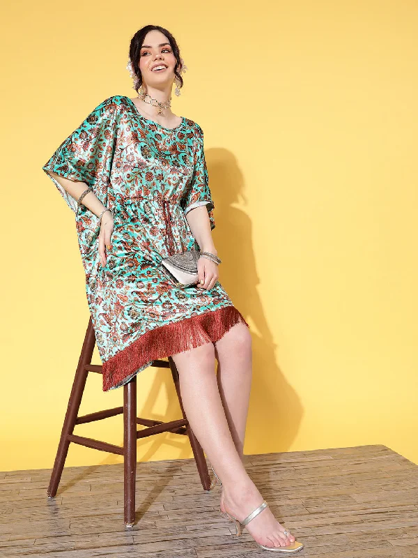 Women's robe sets with unique patterns-Women's Sea Green Floral Velvet High Low Kaftan Dress - Lyush Women's robe sets with unique patterns-Women's Sea Green Floral Velvet High Low Kaftan Dress - Lyush