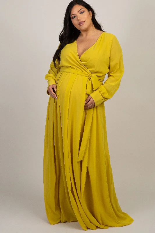 Women's robe sets with relaxed style-Yellow Chiffon Long Sleeve Plus Maternity Maxi Dress