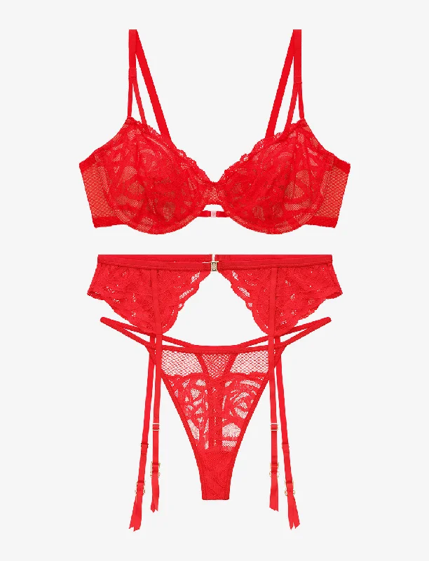 Women's panties with gentle tummy shaping-Rose Lace Unlined Demi Bra + Thong & Garter Set Women's panties with gentle tummy shaping-Rose Lace Unlined Demi Bra + Thong & Garter Set