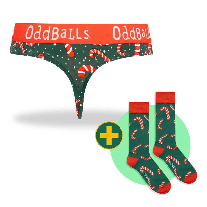 Women's panties with smooth waistband-Candy Canes Bundle - Ladies Thong + Socks Bundle