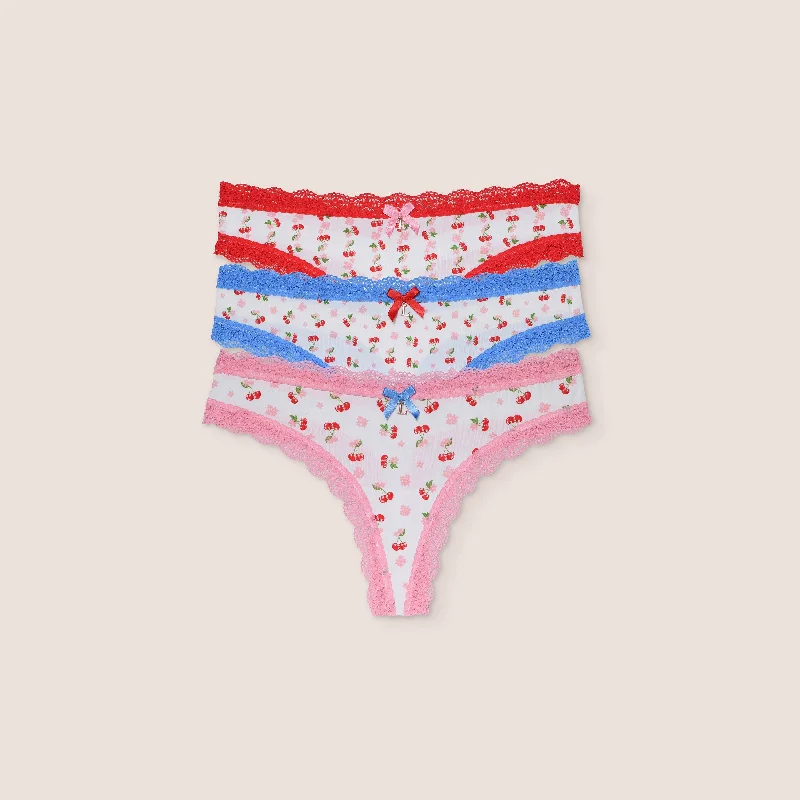 Women's panties with anti-slip waistband for comfort-Cherry Print Thongs (3 Pack) - Multi