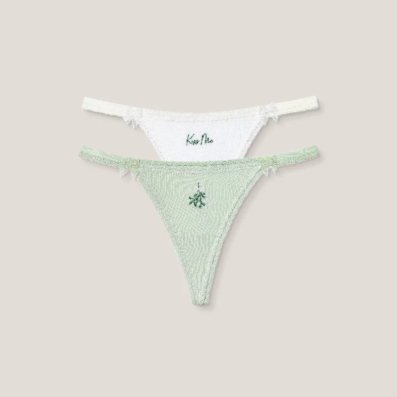 Women's panties for smooth coverage under dresses and skirts-Mistletoe G-Strings (2-pack) - Green/White