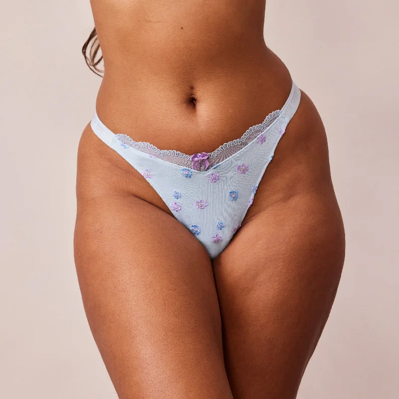 Women's panties with tummy-shaping design for a sleek silhouette-Ribbed Floral Triangle Thong - Blue Women's panties with tummy-shaping design for a sleek silhouette-Ribbed Floral Triangle Thong - Blue