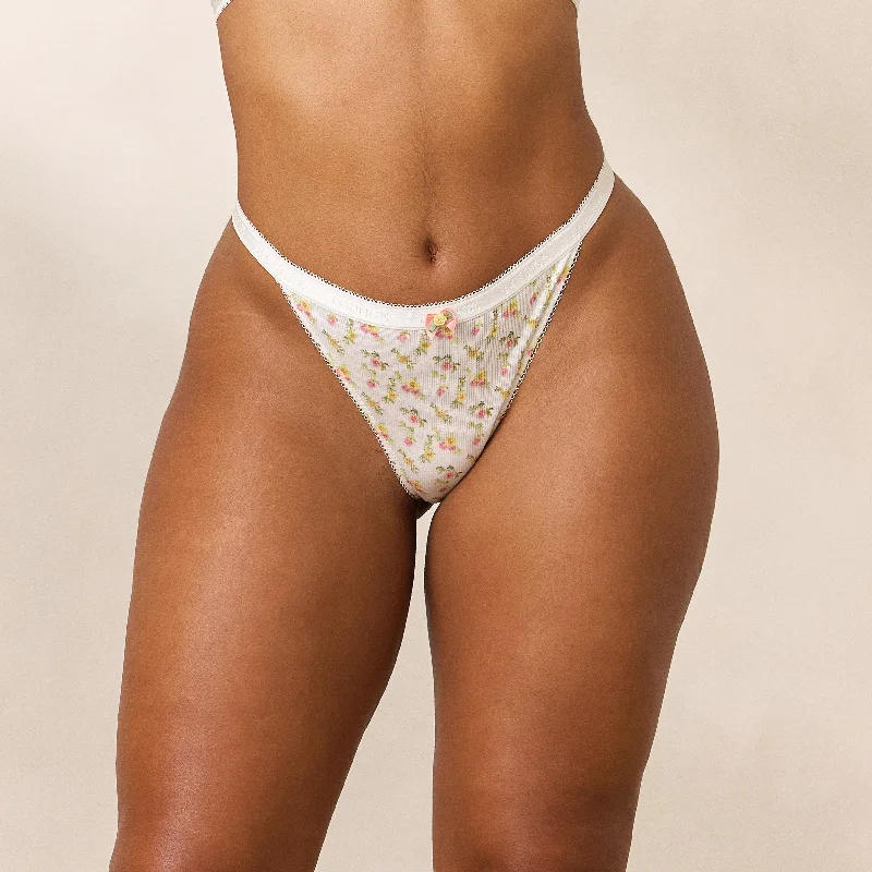 Women's panties with mesh detailing for breathability-Rosebud Ribbed Thong - White Floral